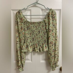 WAYF Jackie Smocked Long Sleeve green floral top